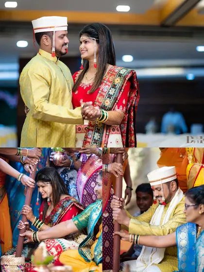 A collage showing the fun and traditional games played during a Marathi wedding, bringing both families together in laughter.