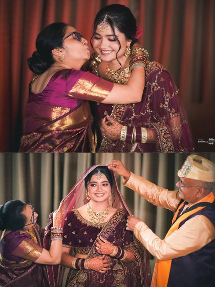 A collage of precious moments between the bride and her parents. A mother's kiss and a father adjusting her veil are the emotional memories that last a lifetime.