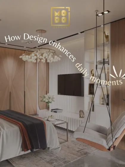 This image shows how thoughtful design enhances daily moments. A comfortable swing chair in the bedroom provides a unique spot to relax and enjoy the view.