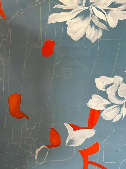 The underpainting of a canvas, with the initial sketch and the first bold strokes of orange. This is the raw beginning of a new piece.