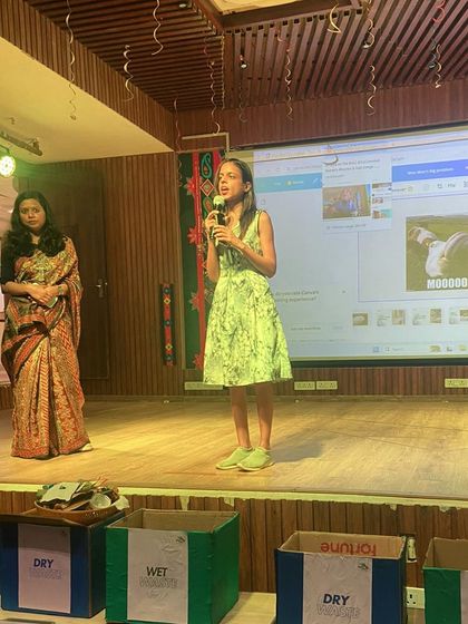 Sargam leading a discussion on waste management. Our school workshops are designed to be a dialogue, where we learn from the students' perspectives just as much as they learn from us.