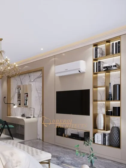 The media and study wall is a masterpiece of functional design, with a built-in desk, TV unit, and backlit shelving.
