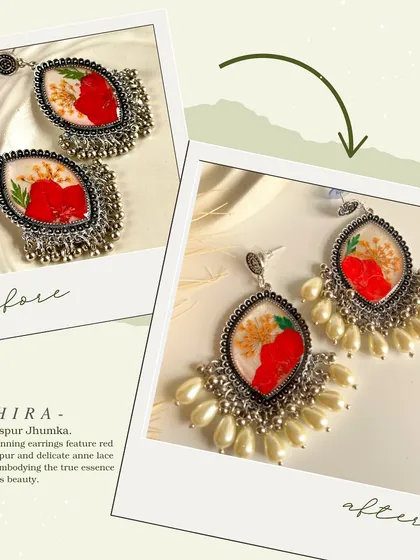 The Adhira jhumka, featuring bold red larkspur, has been beautifully redesigned. I have added elegant pearl ghungroos to create a more striking and premium piece for you to enjoy.