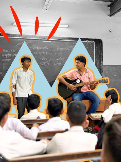 A student stands beside his instructor, ready for his moment to sing. We create opportunities for individual participation, helping even the shyest children build the courage to perform.