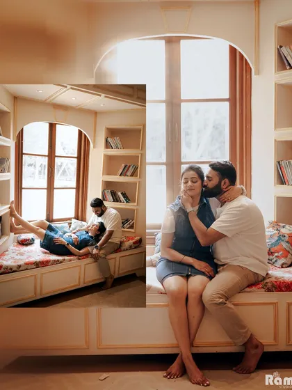 A cozy and intimate collage of a couple in a reading nook. The warm wooden tones and soft light create a perfect setting for capturing tender moments like these.