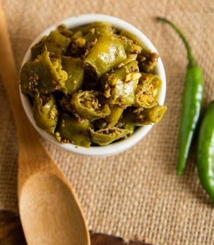 The vibrant green of my chilli pickle comes from using only the freshest ingredients. No artificial colours, ever.