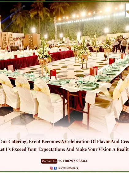 A grand outdoor seated dinner arrangement. The long tables are elegantly dressed, ready to host guests for a celebration of flavor and creativity under the open sky.