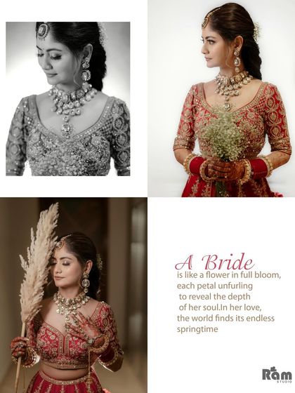 An elegant collage featuring the bride in both color and black and white. The mix of portraits, including one with a pampas grass prop, creates an artistic and modern feel.