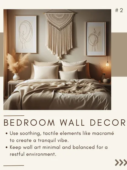 Soothing, tactile elements like this macramé wall hanging create a peaceful environment. Paired with minimalist line art, the decor feels balanced and perfect for a restful bedroom.