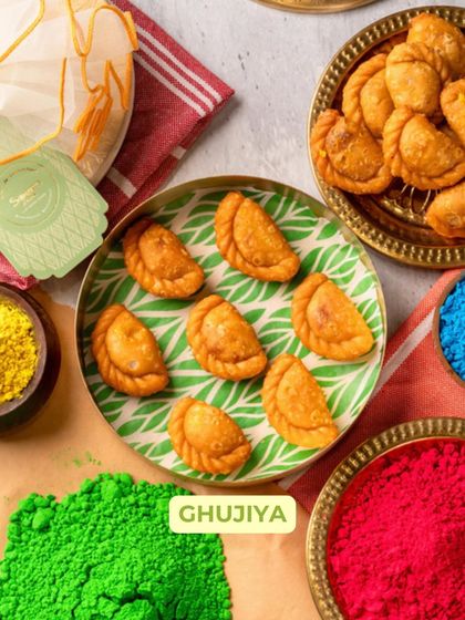 My crispy, golden-brown Ghujiya, filled with rich khoya and nuts. These half-moon shaped sweets are a quintessential part of any Holi celebration, made fresh in my kitchen.