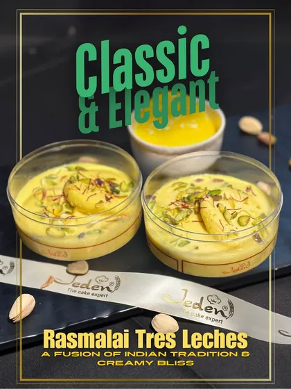 Experience a unique fusion of flavors with our Rasmalai Tres Leches dessert jar. We combine the classic Indian sweetness of rasmalai with the soft, milk-soaked sponge of a Tres Leches cake, creating a creamy and elegant dessert.