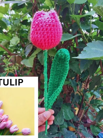 A single pink crochet tulip, perfect for adding a pop of color to a room.