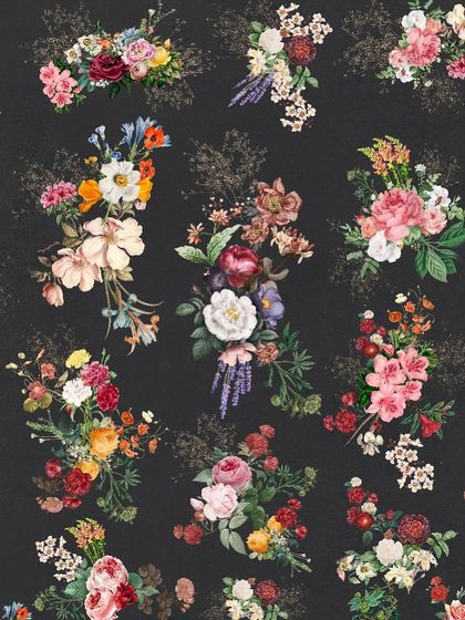 This elegant floral wallpaper features colorful bouquets scattered across a dark background, creating a dramatic and romantic effect.