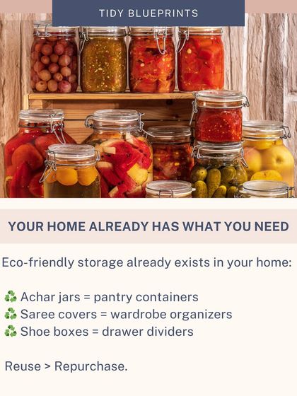 Your home probably already has what you need for eco-friendly storage. This infographic shows how to repurpose items like achar jars as pantry containers or shoe boxes as drawer dividers.