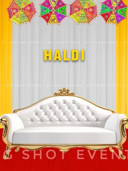 A Haldi ceremony concept featuring colorful Rajasthani-style umbrellas. This digital preview shows how these decorative umbrellas can be used to add a pop of color above the main seating area.