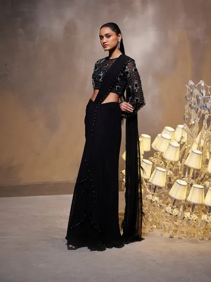 The sleek and powerful silhouette of the Diana Saree Set, designed to affirm the inherent excellence of my couture craftsmanship.