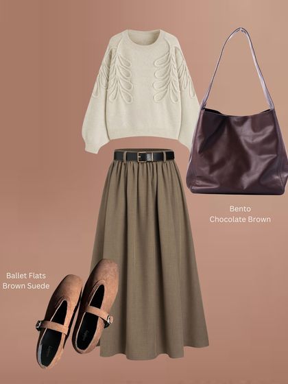A winter styling suggestion, pairing my brown suede ballet flats with the chocolate brown Bento hobo bag. The combination of soft textures and warm tones creates a cozy and chic look.
