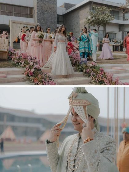 A collage showing the bride's grand entrance and a candid shot of the groom adjusting his turban, telling both sides of the pre-ceremony story.