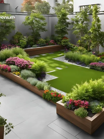 This 3D backyard design showcases a beautiful garden with a central artificial lawn bordered by colorful flower beds. Our artificial grass provides a consistently green and neat centerpiece for any landscape design.