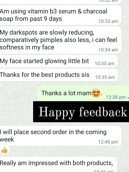 After just 9 days of using the Vitamin B3 serum and charcoal soap, this customer felt her dark spots reducing, her face glowing, and her skin feeling softer. I'm so impressed with her results too.