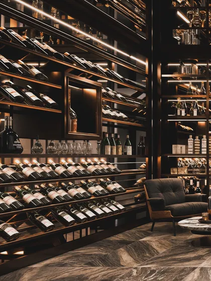 A close-up of the wine racks, rendered to show the labels on the bottles and the warm glow of the integrated lighting.