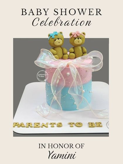 A "Parents to Be" cake featuring two cute teddy bears. The pink and blue design is perfect for a baby shower or gender reveal party.
