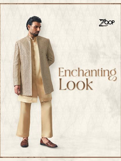 This wedding season, dress to enchant. This elegant beige sherwani with subtle texture offers a look of understated luxury, perfect for a sophisticated groom or guest.