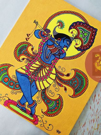 A classic depiction of Venugopala, or Krishna with his flute, against a bright yellow background. This 12x14 inch piece, with its intricate details and dynamic pose, was a popular commission and has been sold.