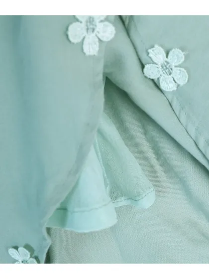 A macro shot of the floral applique and sheer fabric of a baby frock, highlighting its delicate details.