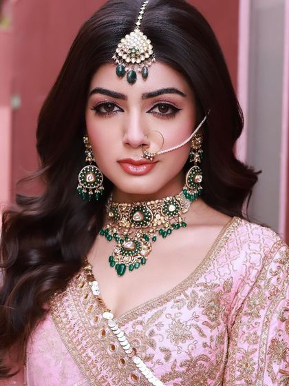 A striking close-up portrait of the bride. The deep waves frame her face beautifully and complement her traditional jewelry.