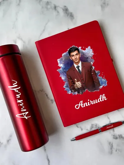 This matching red set includes a personalized temperature bottle, diary, and pen, all featuring a custom photo splash design.