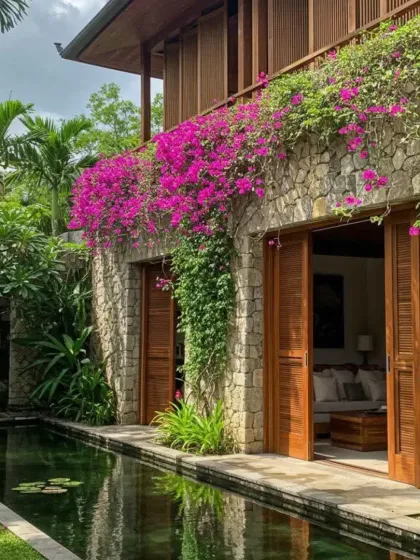 The natural stone facade of this home is softened by vibrant pink bougainvillea and a tranquil water lily pond. This design blends rustic materials with lush plantings to create a serene and inviting entryway.
