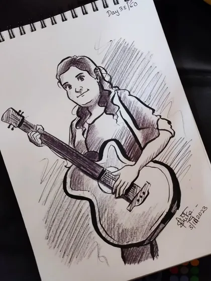 A caricature of a girl with her guitar. I love incorporating hobbies and passions into my sketches to make them even more personal.