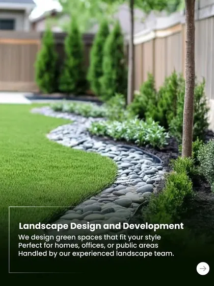 We design green spaces that fit your style and are handled by our experienced landscape team. This design uses a curving border of river stones to separate the lawn from the garden bed, creating a clean and elegant look.
