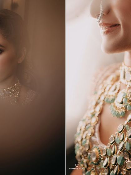 A diptych focusing on the exquisite details of Megha's bridal jewelry and her expressive eyes. These close-ups highlight the craftsmanship and beauty of her wedding adornments.