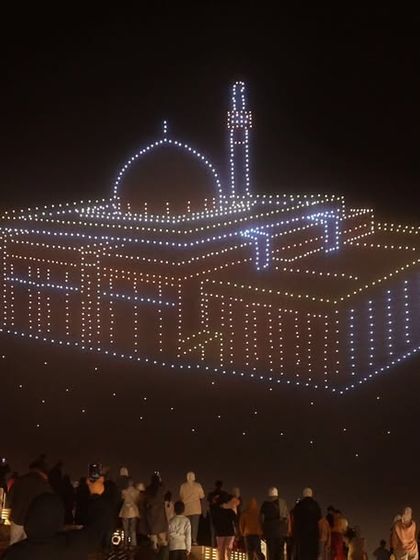 A stunning drone formation of a mosque against the night sky at the Ya Hala Festival in Kuwait. Our shows blend technology with cultural reverence, creating powerful and respectful tributes.