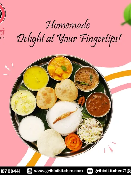 Homemade delight at your fingertips. This South Indian style thali with puri, rice, and various katoris of sambar, rasam, and vegetables shows the variety I can offer.