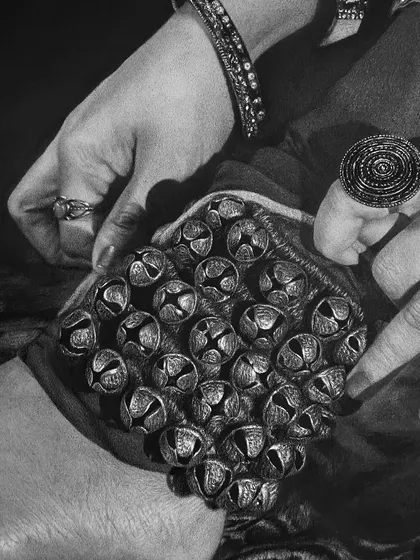 This image provides a clear view of the detailed work on the ghungroos. The precision required to draw each small bell is a meditative process for me, reflecting the discipline of the dancer.