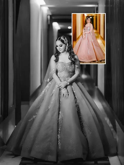 A stunning black and white portrait of bride Tanya in her voluminous pink gown, with a color inset showing the full look.