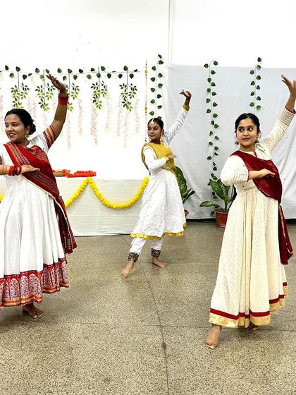 Our adult batch of Kathak students showcasing their skills. It is never too late to learn, and we welcome learners of all ages to join our classes and perform on stage.