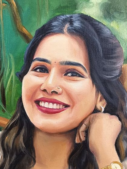 A close-up of the woman's face in the Krishna-themed portrait.