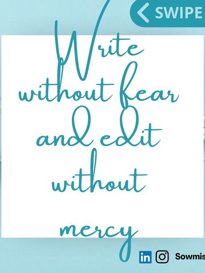 This carousel post shares my top tips for overcoming writer's block. The key is to write without fear and edit without mercy. I encourage writers to read widely, use creative forms like mind maps, and remember that nobody gets to see your messy first draft.