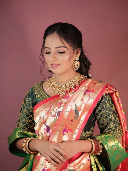 The complete look, showing how the makeup, hair, and saree create a cohesive and beautiful picture.