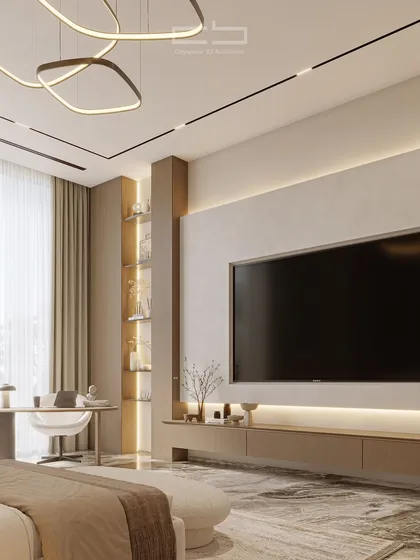 This serene bedroom seamlessly blends contemporary design with a warm, neutral palette. The space includes a minimalist media unit, a dedicated workspace, and sculptural lighting, all designed to create a tranquil and inviting atmosphere.