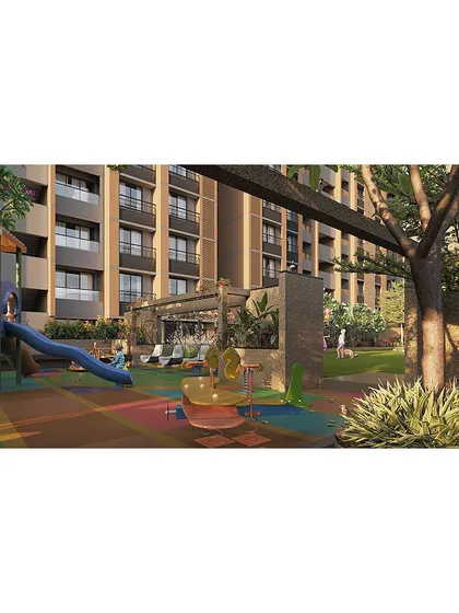 This render illustrates a play area designed with natural elements and colors, nestled beside a central lawn for a more integrated feel.