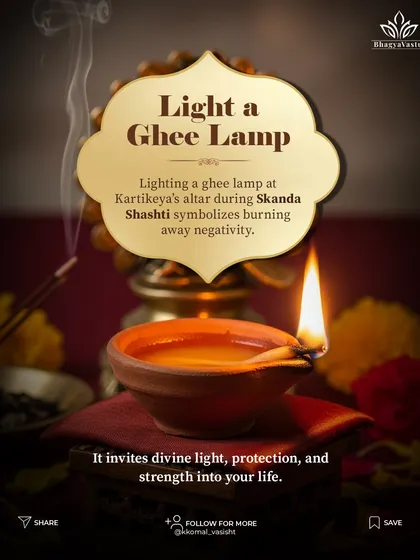 Light a ghee lamp for protection. Lighting a ghee lamp at Lord Kartikeya's altar during Skanda Sashti is a powerful act. It symbolizes burning away negativity and invites divine light, protection, and strength into your life.