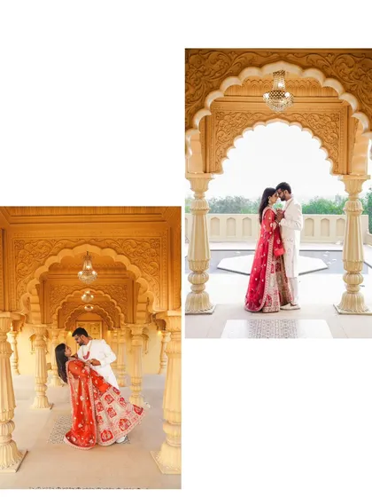 Two romantic poses within a beautiful arched hallway. The architecture perfectly frames the couple, and a dance-like dip adds a touch of playful romance.