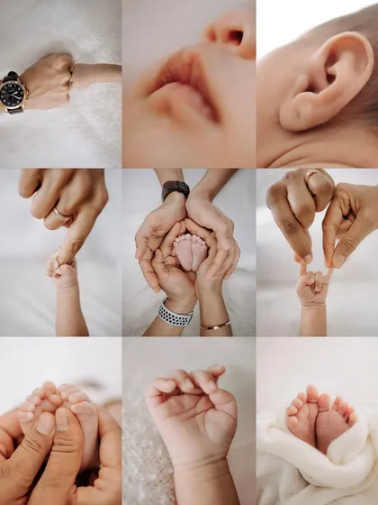 A collage of precious details from a newborn session, showcasing tiny hands, feet, lips, and ears, as well as the connection with parents' hands.