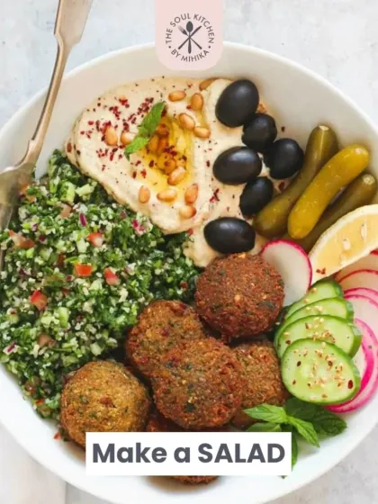 Make a wholesome and filling salad bowl with falafel, tabbouleh, and a generous dollop of my Mediterranean dip.