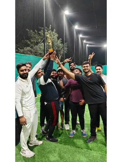 Team Hyper celebrating their victory at the Smash2Play Box Cricket Tournament in Patel Nagar. This is the kind of celebration that makes all the planning worthwhile.
